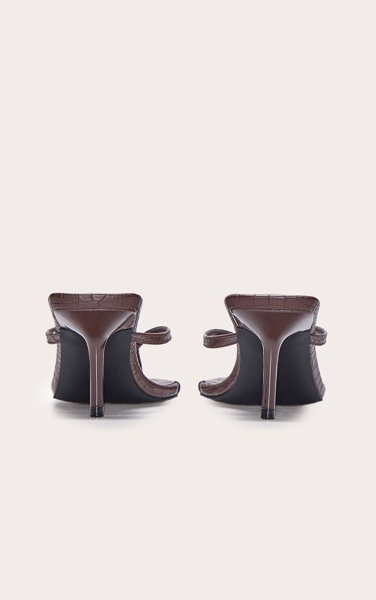Marron Mules À Talon Moyen À Bout Carré Et Bride Tong Effet Croco