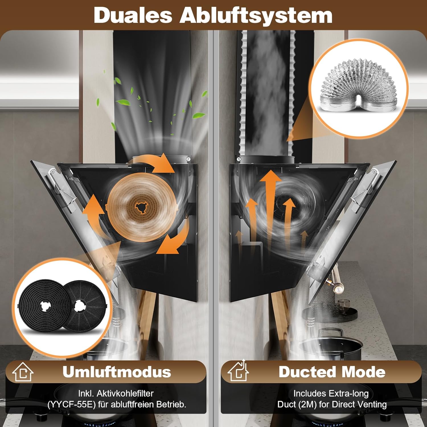 SNDOAS Dunstabzugshaube 60cm, Abzugshaube mit A+++ Energieeffizienz, Abluft/Umluft, 400 m³/h, 3 Stufen + Booster, Wandhaube mit Aktivkohlefilter, Gehärtetes Glas Touchscreen und LED, Schwarz/Gold