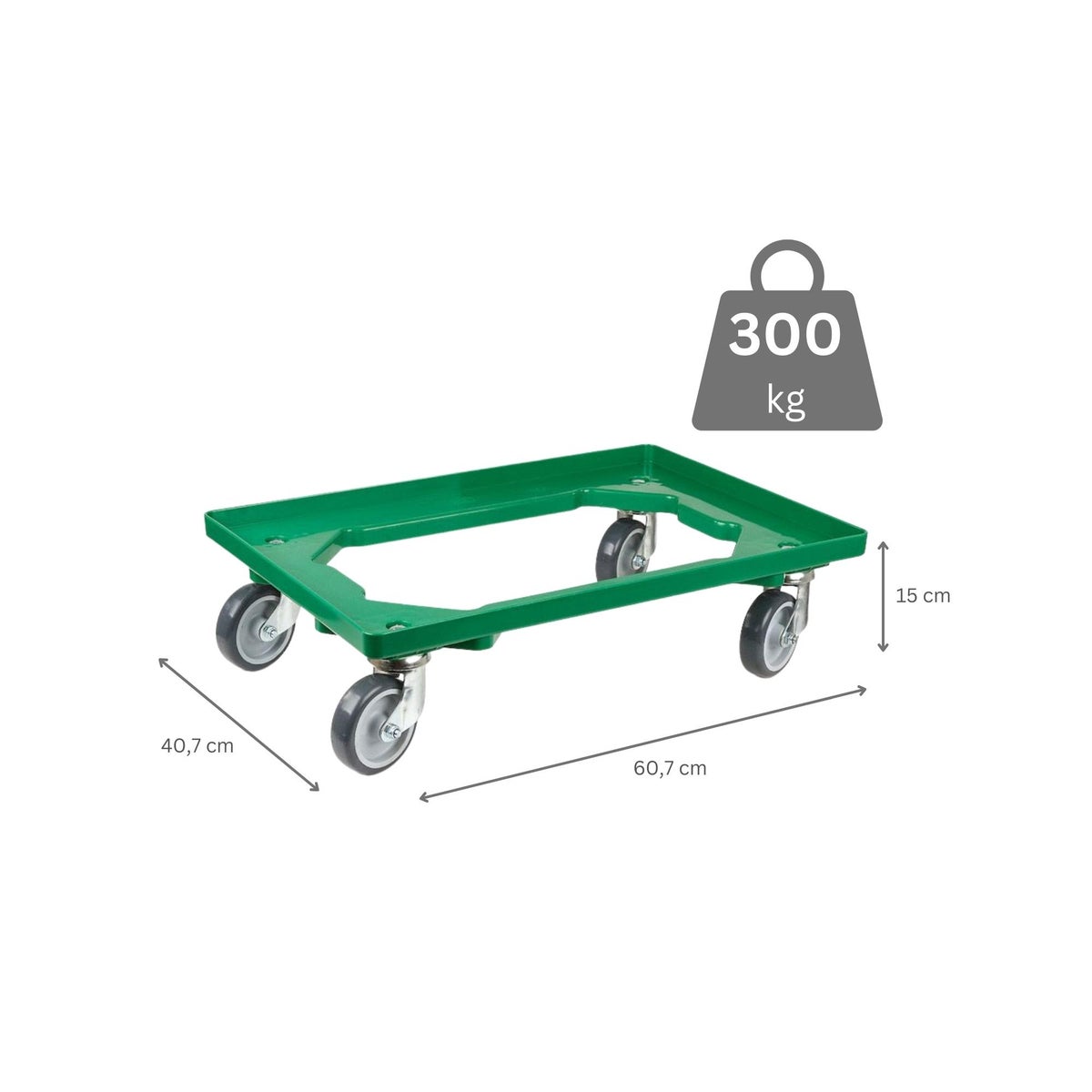 PROREGAL Voordeelset 2x Transportwagens voor Euroboxen 60 x 40 cm met Rubberen Wielen, Groen, Open Dek, 2 Zwenkwielen en 2 Remwielen, Draagvermogen 300 kg
