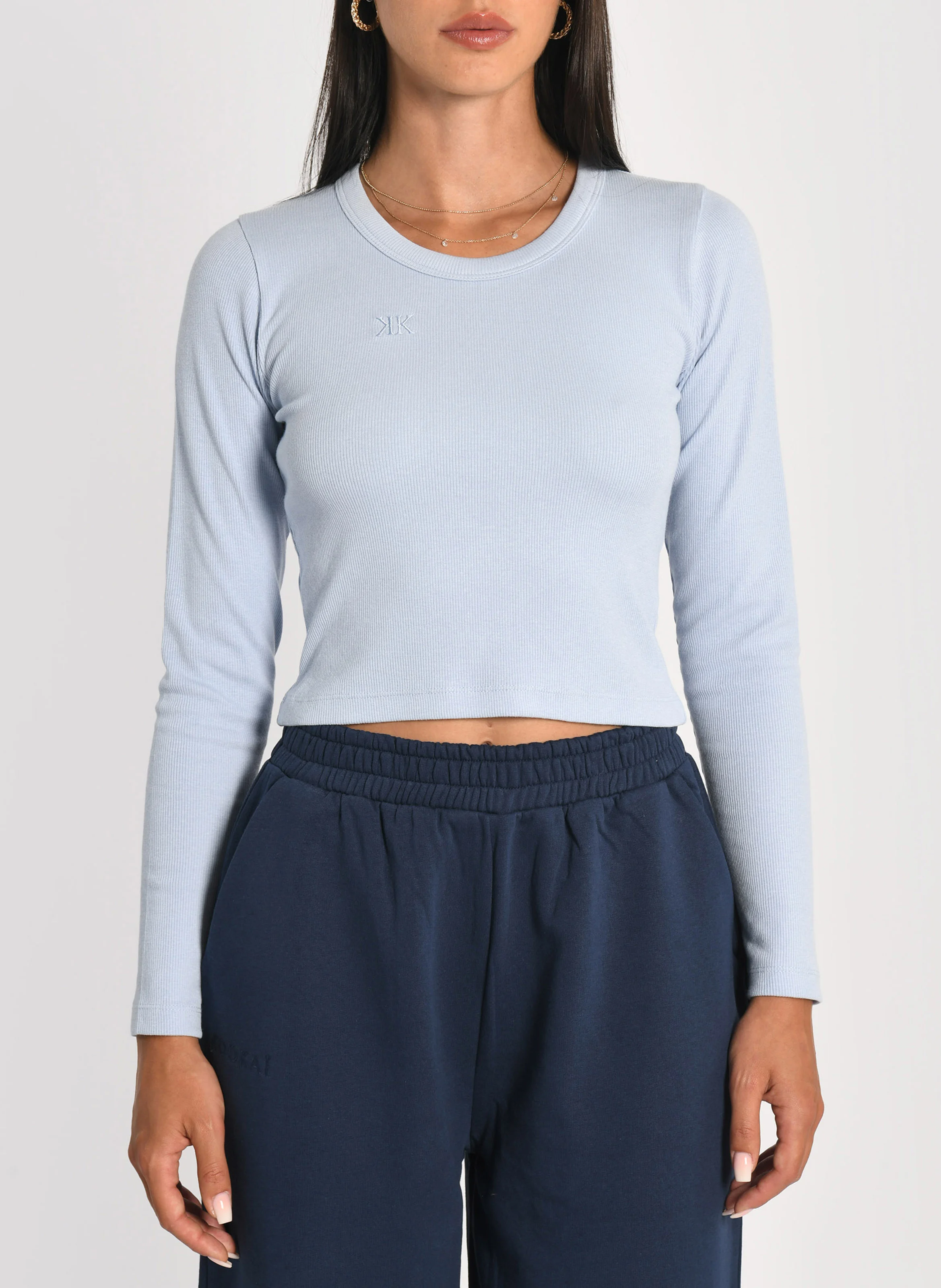 JANETTE - Tee-shirt moulant court à col rond | Bleu