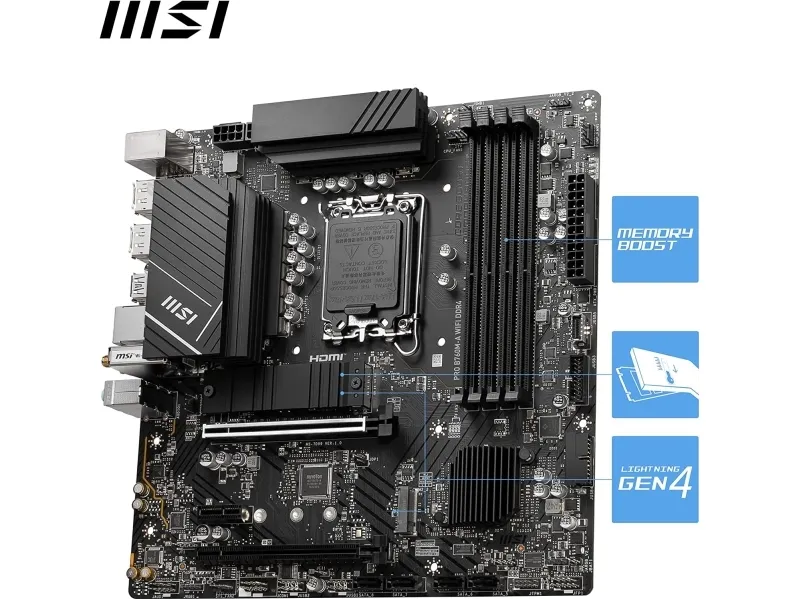 MSI PRO B760M-A WIFI DDR4 - Bundkort - micro ATX - LGA1700 sokkel - B760 Chipset - USB 3.2 Gen 2, USB 3.2 Gen 1, USB-C 3.2 Gen 1 - 2.5 Gigabit LAN, Wi-Fi 6E, Bluetooth - onboard grafik (CPU påkrævet) - HD Audio (8-kanaler)