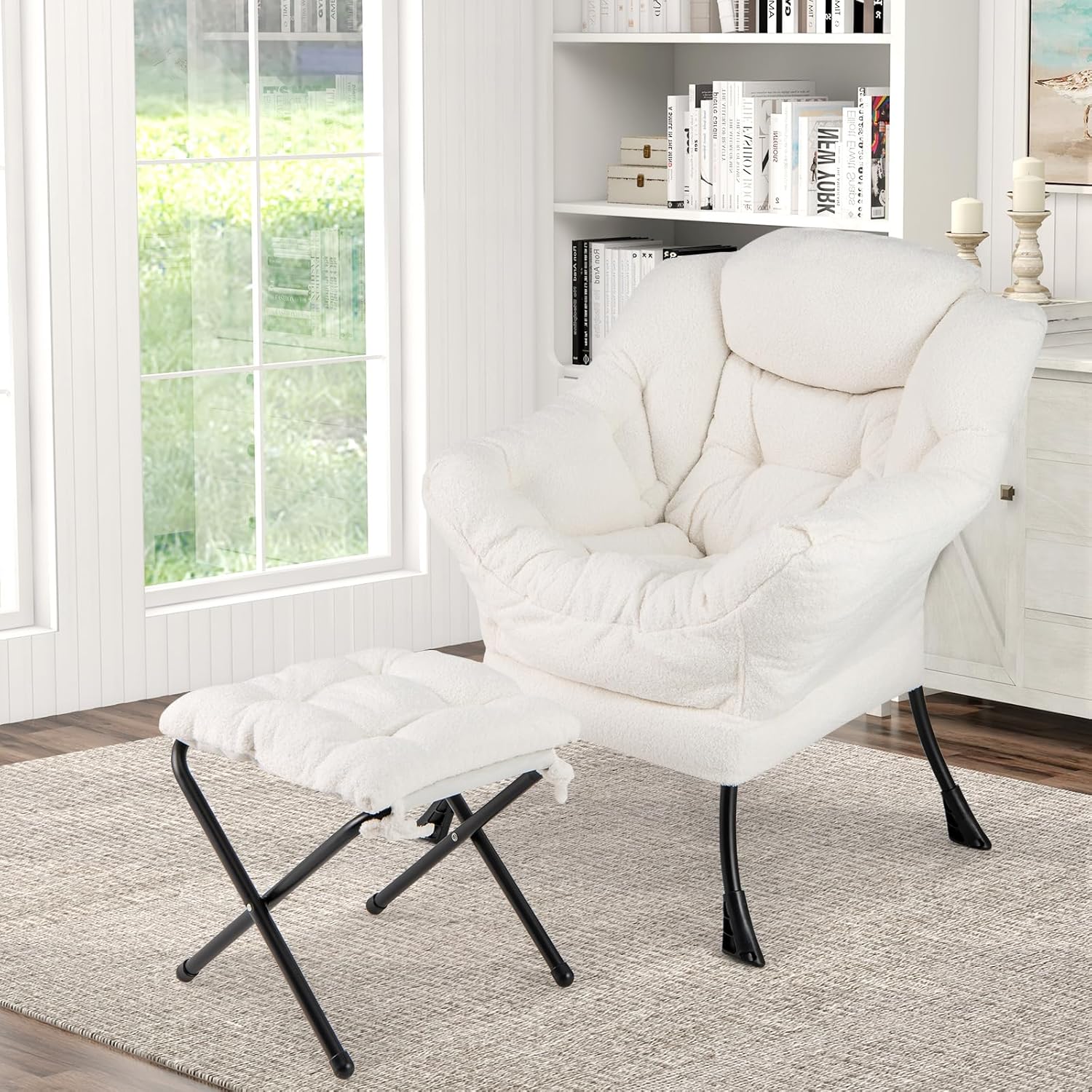 COSTWAY Sessel mit Hocker, Relaxsessel mit Armlehnen, Seitentasche & Fußstütze, Loungesessel, Fernsehsessel, gepolsterter Ohrensessel für Wohnzimmer, Schlafzimmer, Büro (Beige)