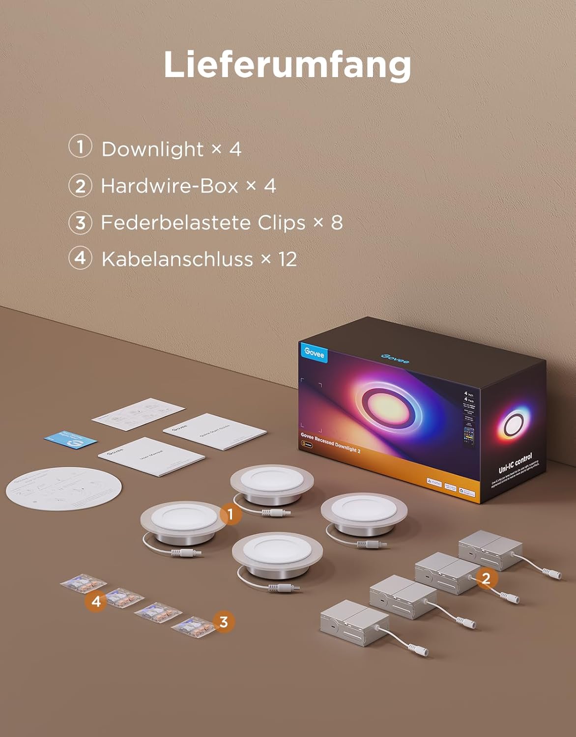 Govee Smart Einbaustrahler LED, RGBWW LED Spot 230V, 900LM, 11.5W Deckenspots Kompatibel mit Matter und Alexa, 2700K-6500K Dimmbare, 99mm Spots Deckenleuchte für Küche Wohnzimmer, 4 Stück