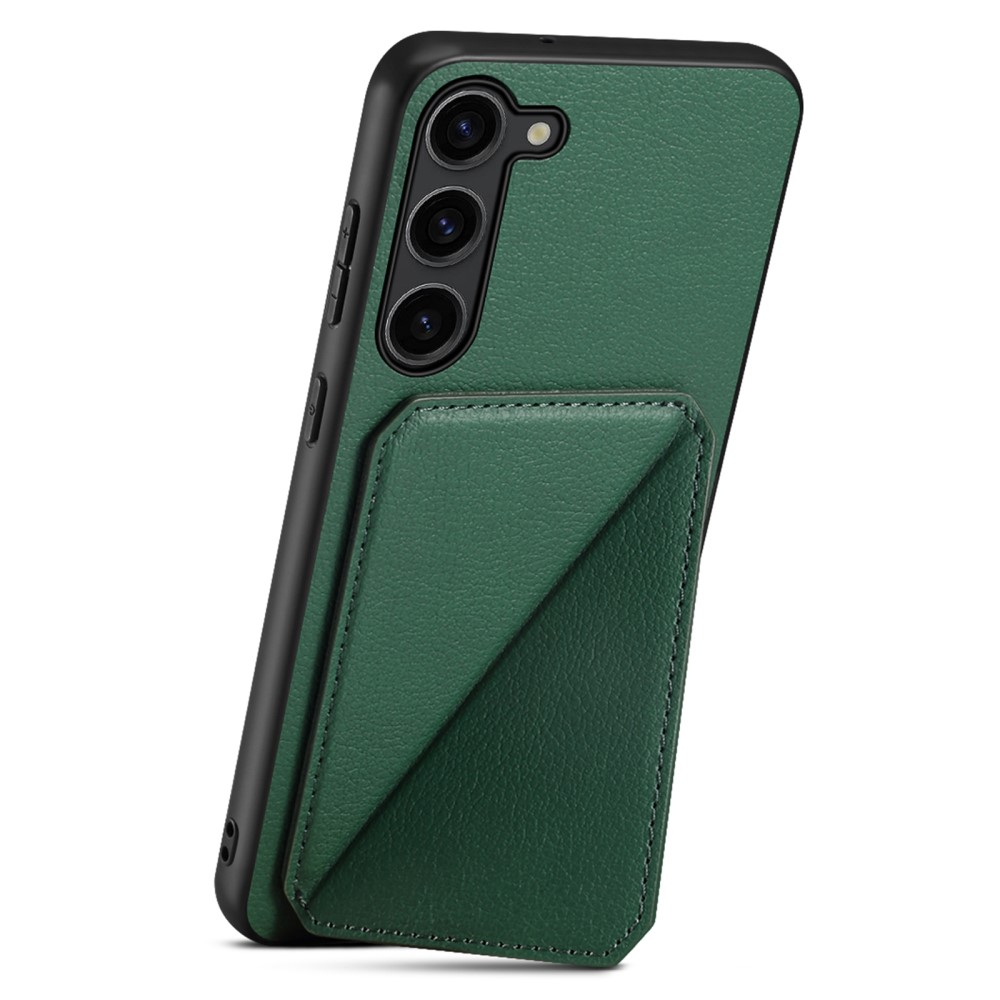 Samsung Galaxy S24 Leder Hülle mit Kartenfach   Origami Kickstand Aufsteller im Litchi Look - Dunkelgrün