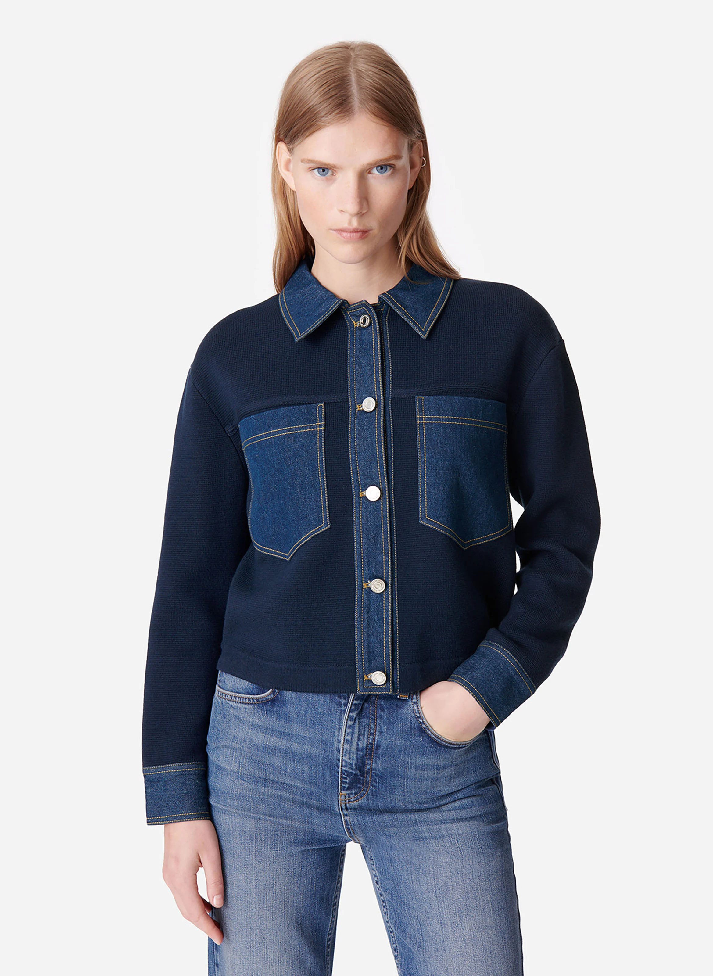 DENVER - Veste droite col classique en laine mélangée | Bleu