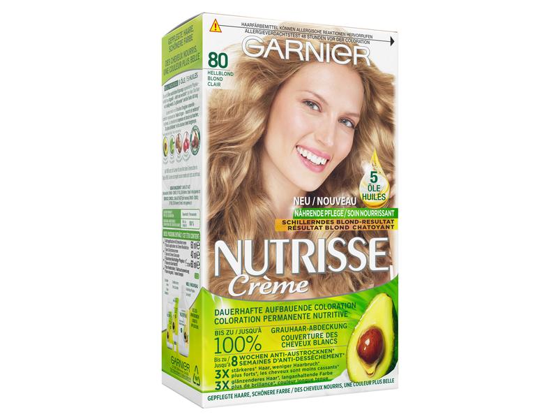 Garnier Haarcoloration Nutrisse Crème 80 Hellblond Haarfarbe verleiht dem Haar seidig strahlenden Glanz