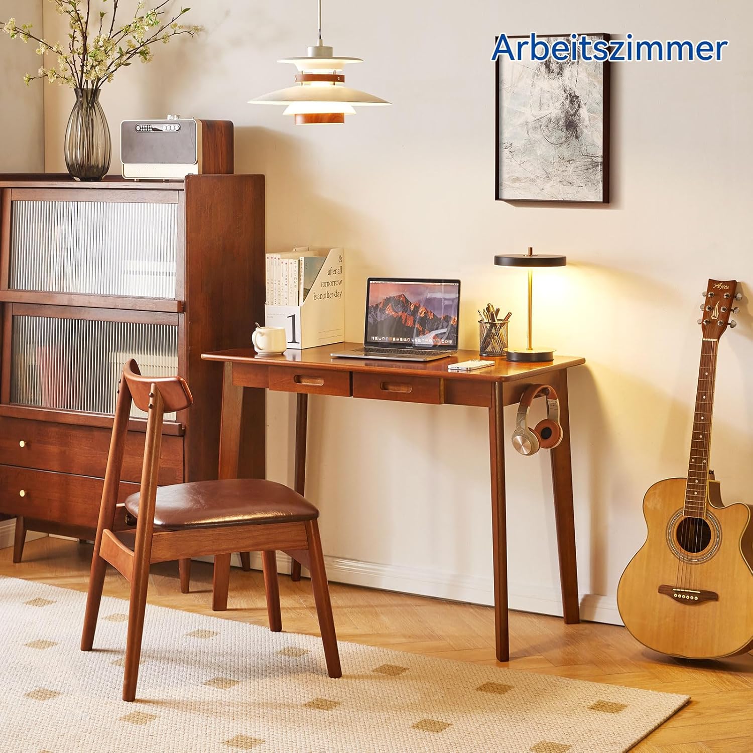Schreibtisch aus Massivholz, Kleiner Bürotisch mit Schubladen, 100 x 50 x 75 cm, Computertisch mit Stauraum und Kleiderstange für das Home Office, Rustikales Braun YD-WD01H
