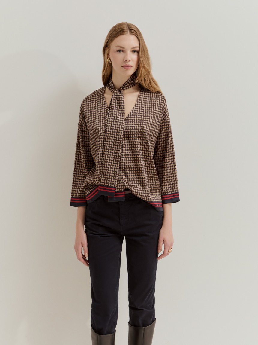 Blusa de manga comprida com padrão pied-de-poule