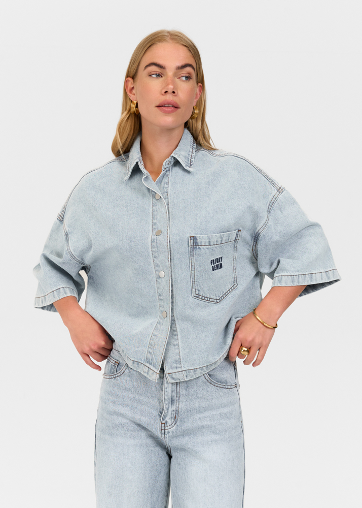 Denim blouse korte mouw sky blauw