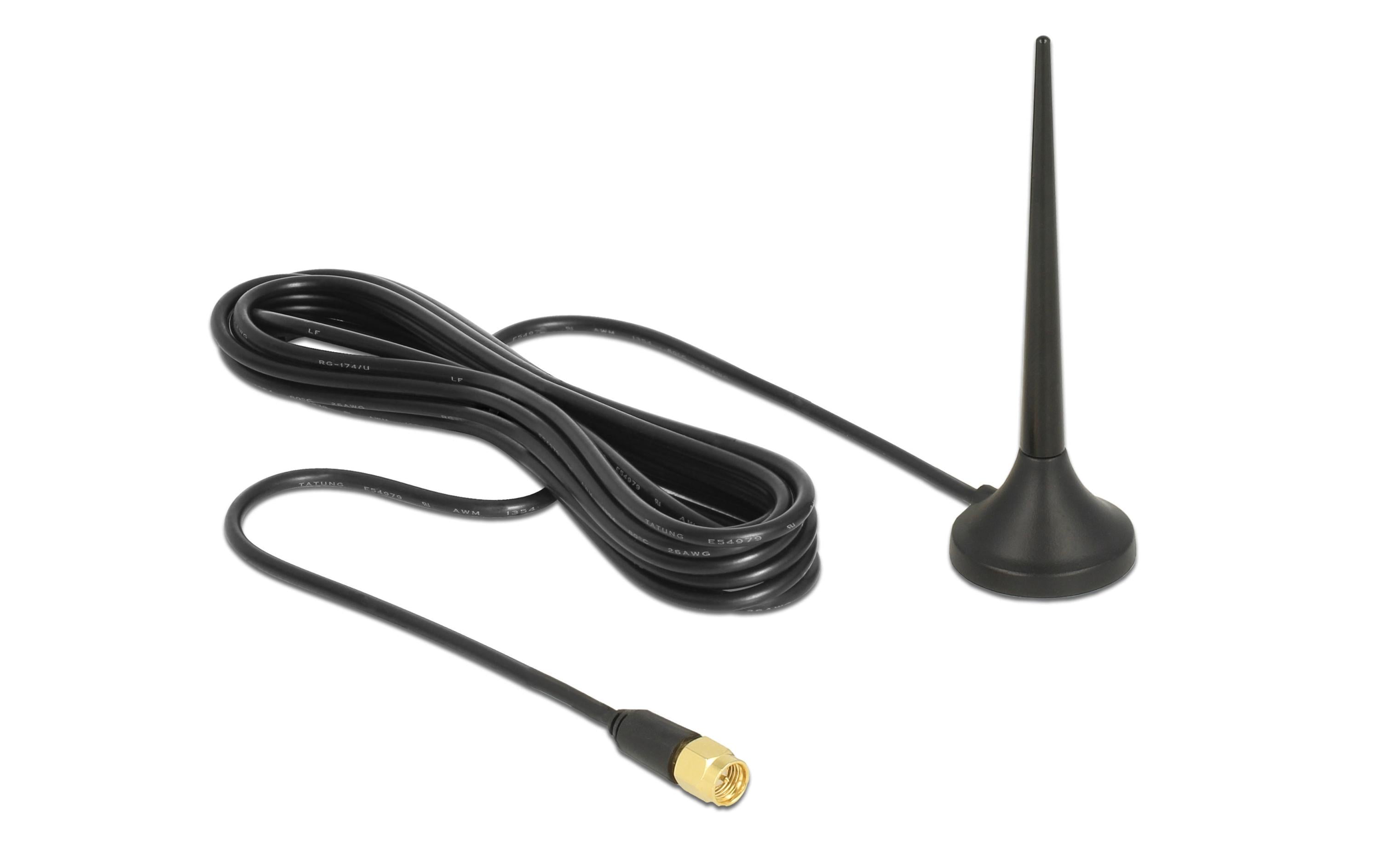 LTE/LoRA-Antenne SMA 0.8-2.4GHz 9 cm SMA 3 dBi RundstrahlDelock LTE / GSM / UMTS Antenne SMA Stecker 3 dBi starr omnidirektional mit magnetischem Standfuss und Anschlusskabel RG-174 2 m outdoor schwarz