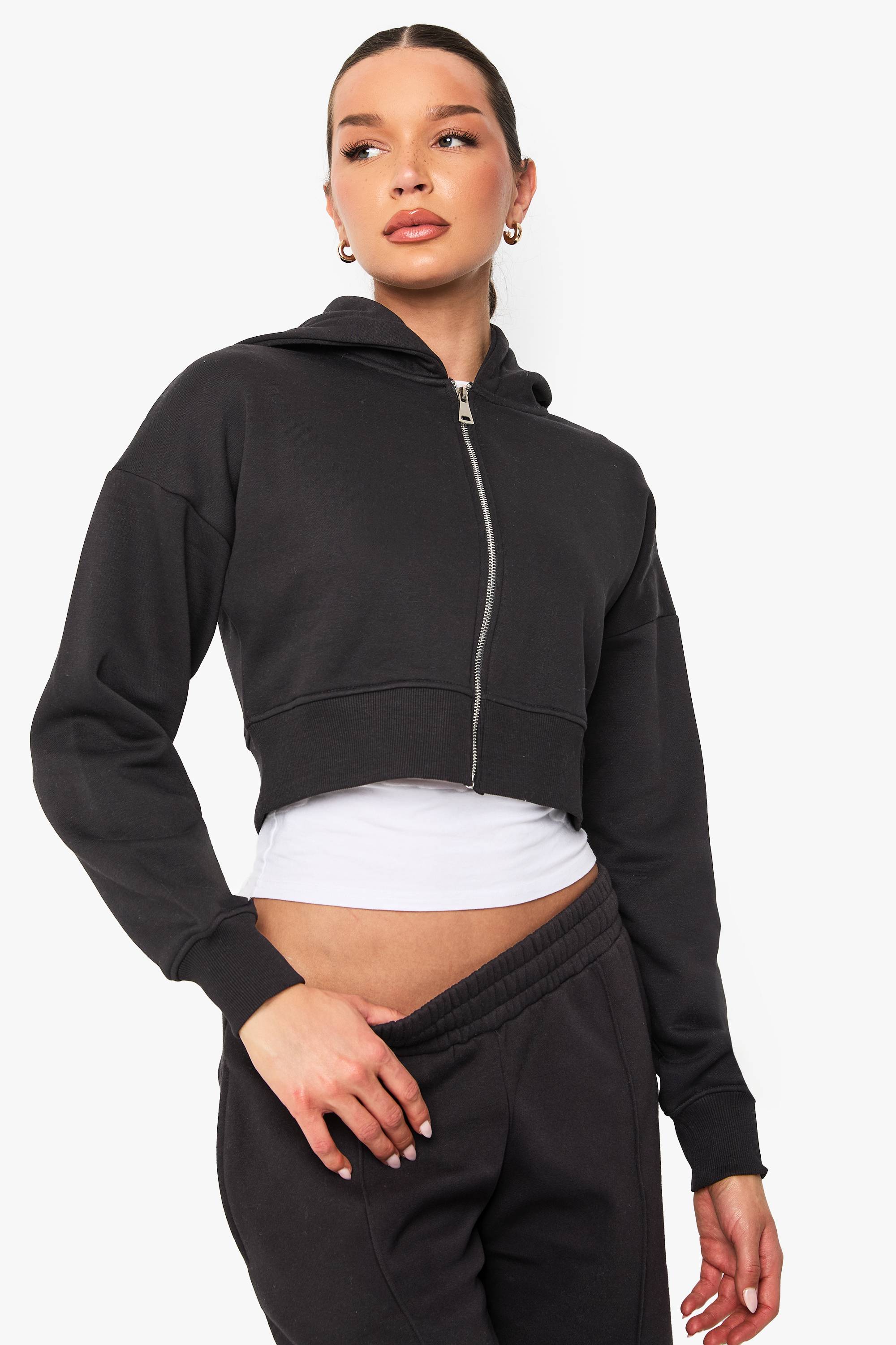 boohoo Hoodie à capuche raccourci à zip intégral