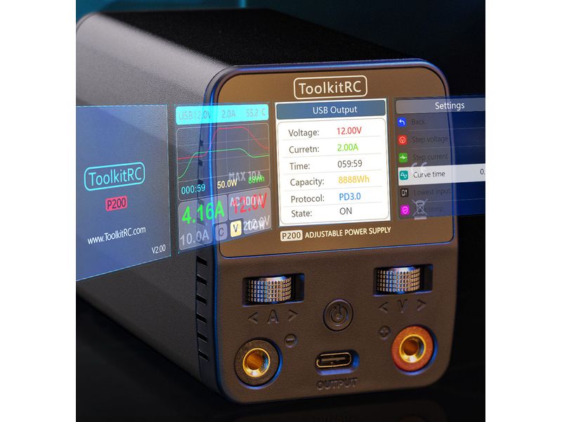 ToolkitRC RC Netzteil P200 V2 100 W 1-30 V DC, USB-C PD 65 Kompaktes, einstellbares Labornetzteil mit zusätzlichem USB-C Ausgang