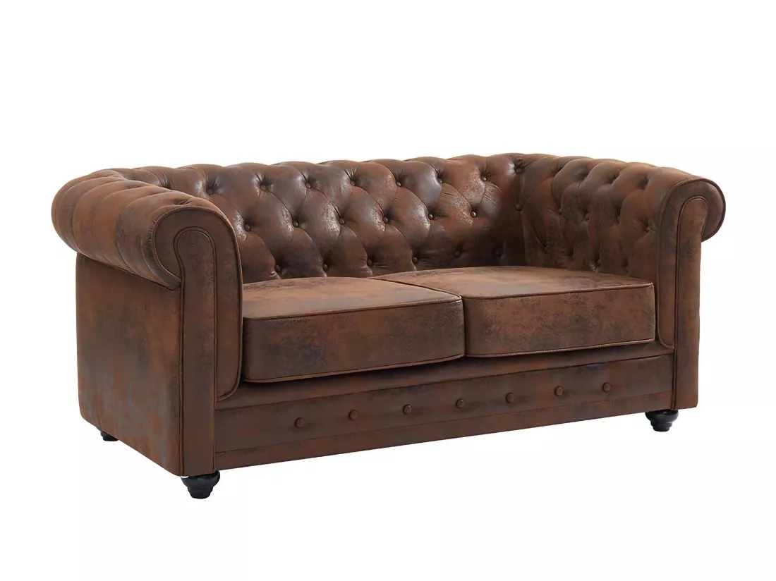 Canapé 2 places CHESTERFIELD en microfibre aspect cuir vieilli