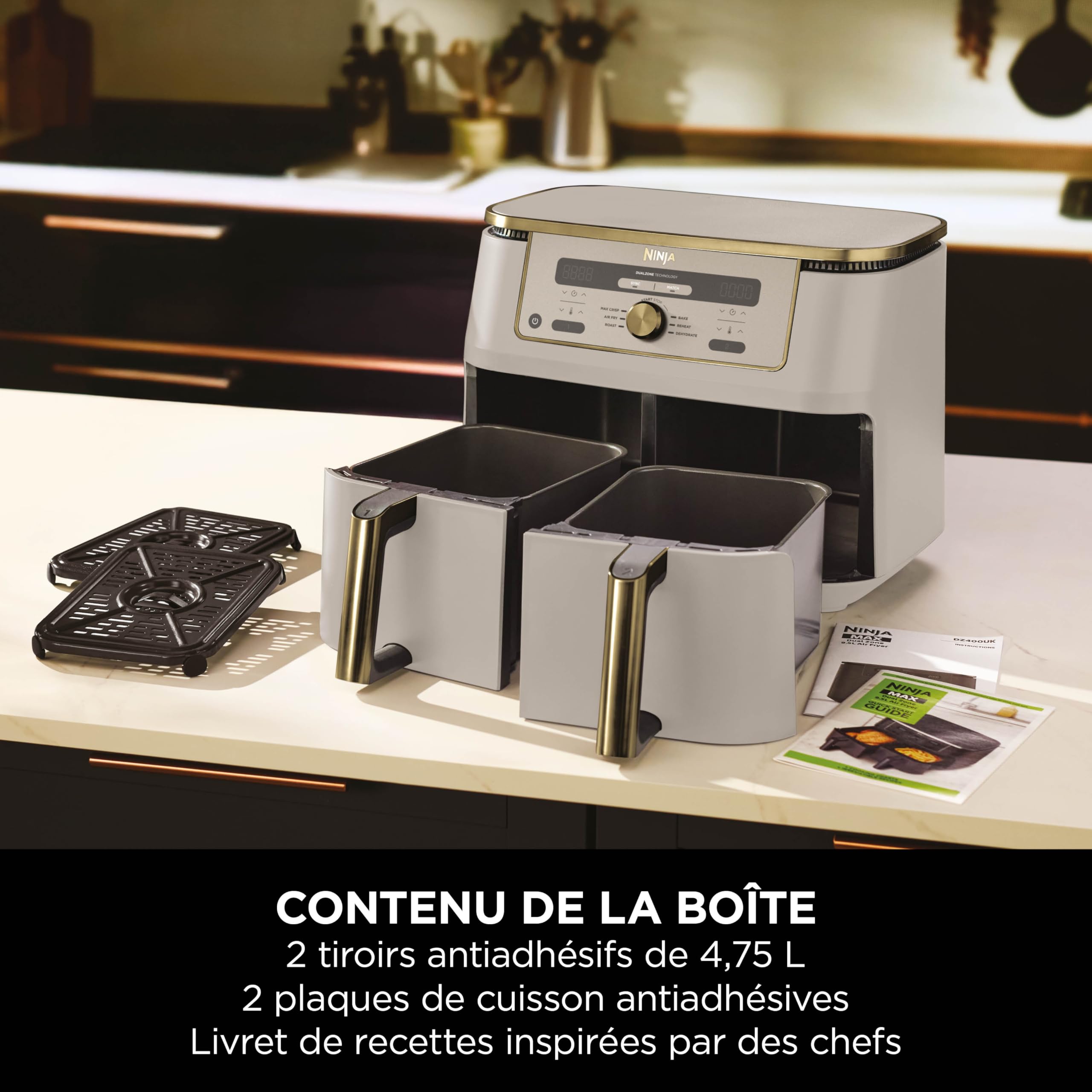 NINJA Dual Zone Max Air Fryer 2 Compartiments, Capacité Familiale de 9,5L, Max 240°C, Air Fryer 6-en1, Pièces Antiadésives Amovibles Lavables Au Lave-