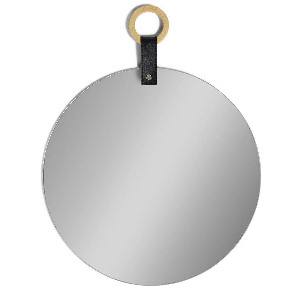 Miroir rond avec poignée simili et bois Ø35cm