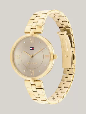 Relógio com mostrador cinza e pulseira banhada a ouro