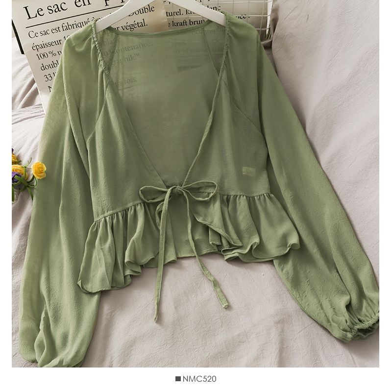 Lemongrass - Chiffon vest met strikceintuur en ballonmouwen