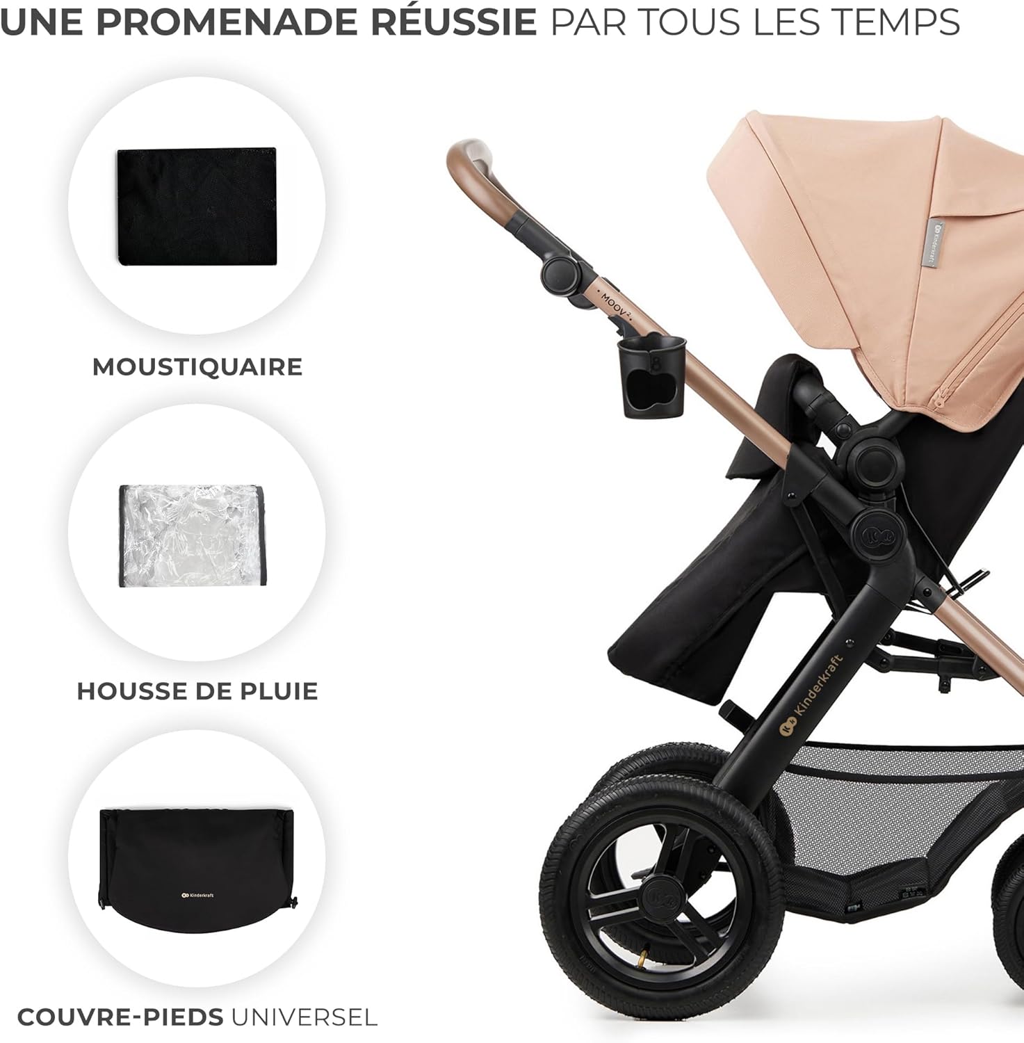 Kinderkraft MOOV2 Poussette 3 en 1, Système de voyage de la naissance à 27 kg, Siège auto Mink PRO I-Size inclus, Capote extensible avec filtre UPF50+, Accessoires pratiques, Gris