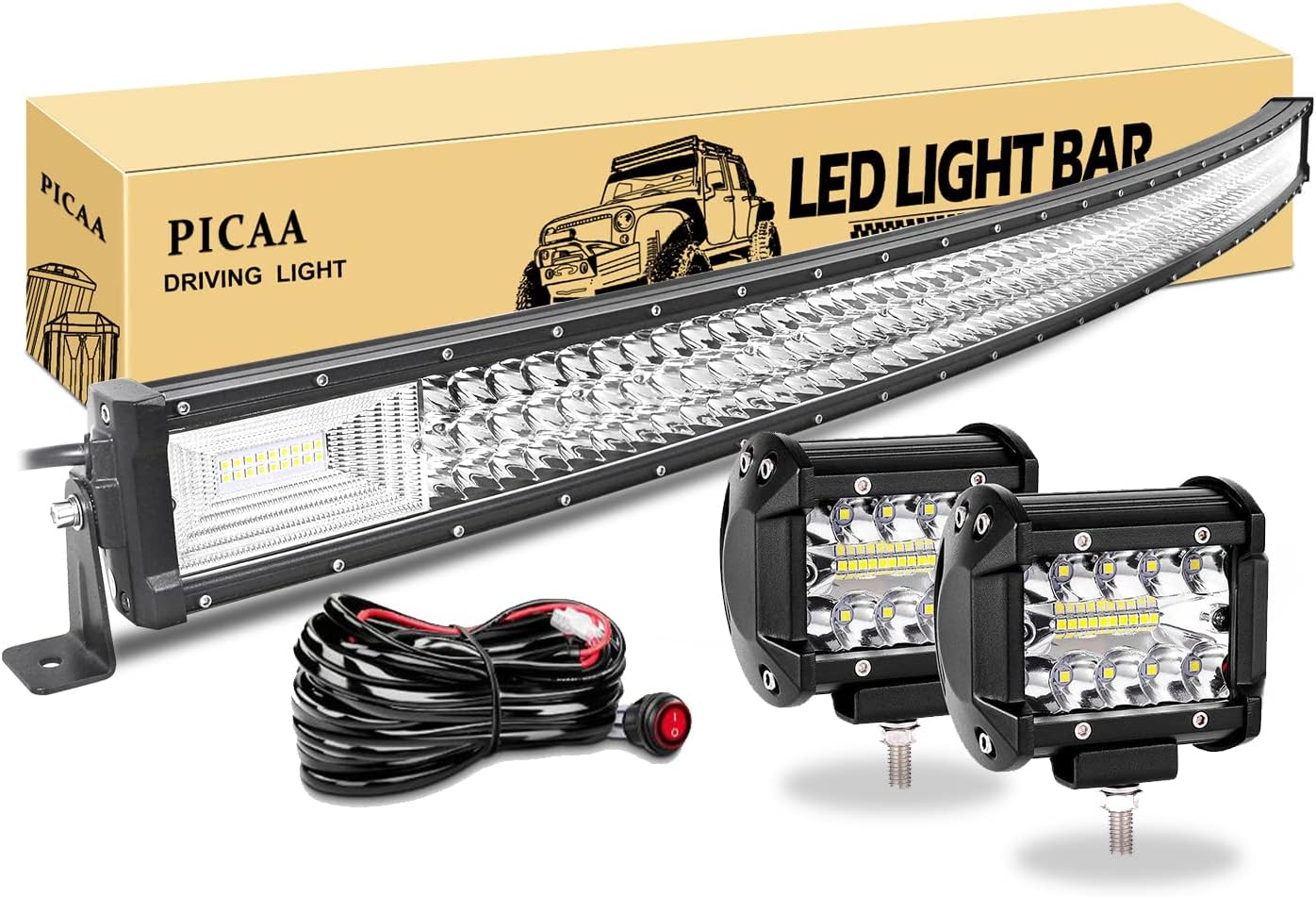 PICAA LED-Arbeitslichtleiste, 7D, gebogen, dreireihig, 132,1 cm, 675 W, Spot-Flutlicht, Kombi-Strahl-Lampe mit 2 x 10,2 cm 60 W LED-Pods, Fahrbootlichter für Auto, LKW, Offroad-Fahrlicht, SUV, UTE, 4