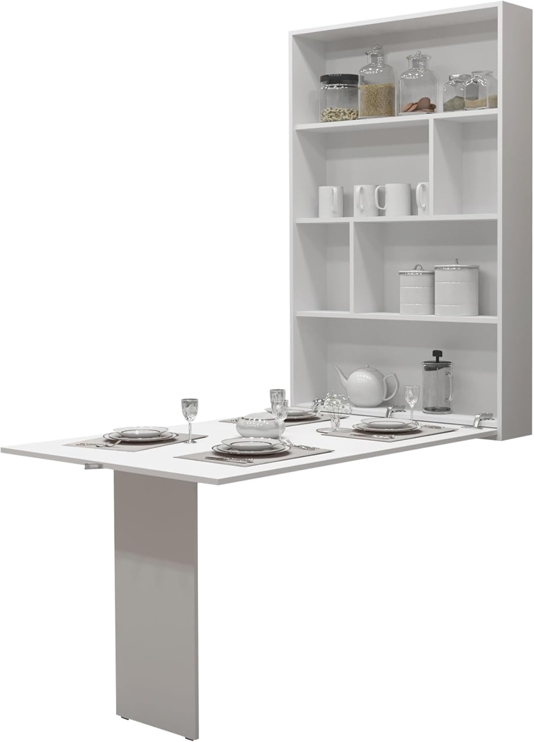 Mirjan24 Wandtisch Albi, Wandklapptisch mit 2 Regalen, V-Tisch, Esstisch, Tisch ideal für Esszimmer, Küche, Klapptisch, Bartisch (Weiß)