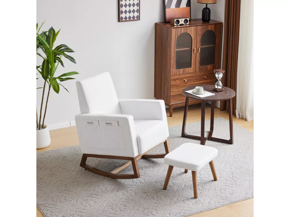 Chaise à bascule avec repose-pieds et poches - 65.5 x 84 x 92 cm - Éponge + fibres de polypropylène - Blanc