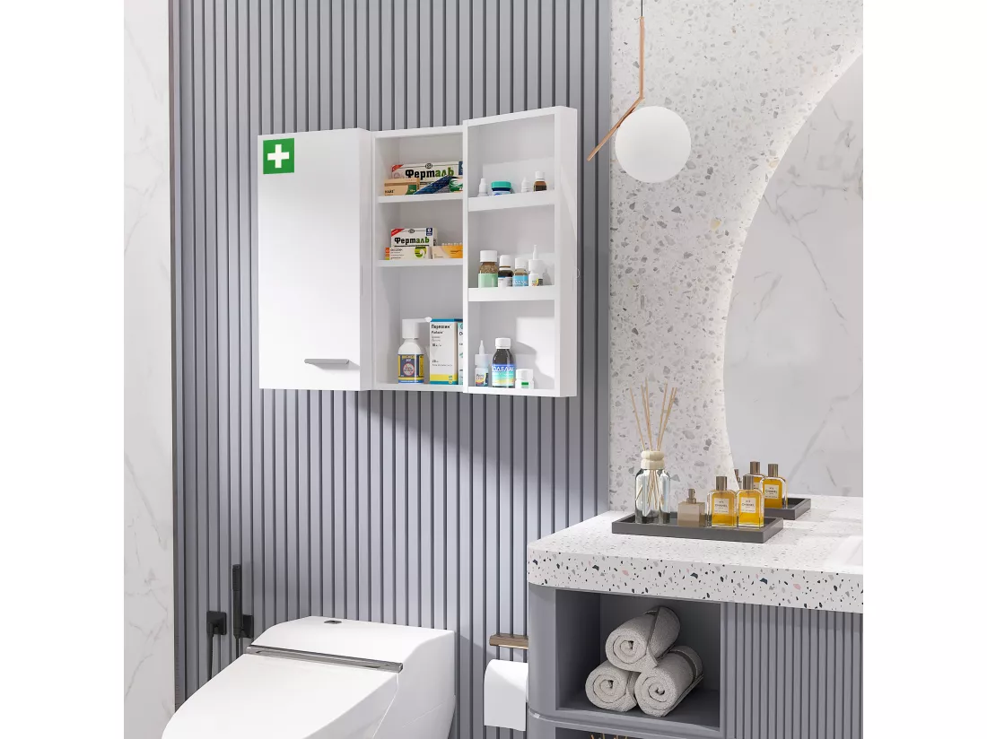 Armoire à pharmacie murale verrouillable 2 portes 6 étagères 6 compartiments dim. 55 x 18 x 60 cm acier blanc