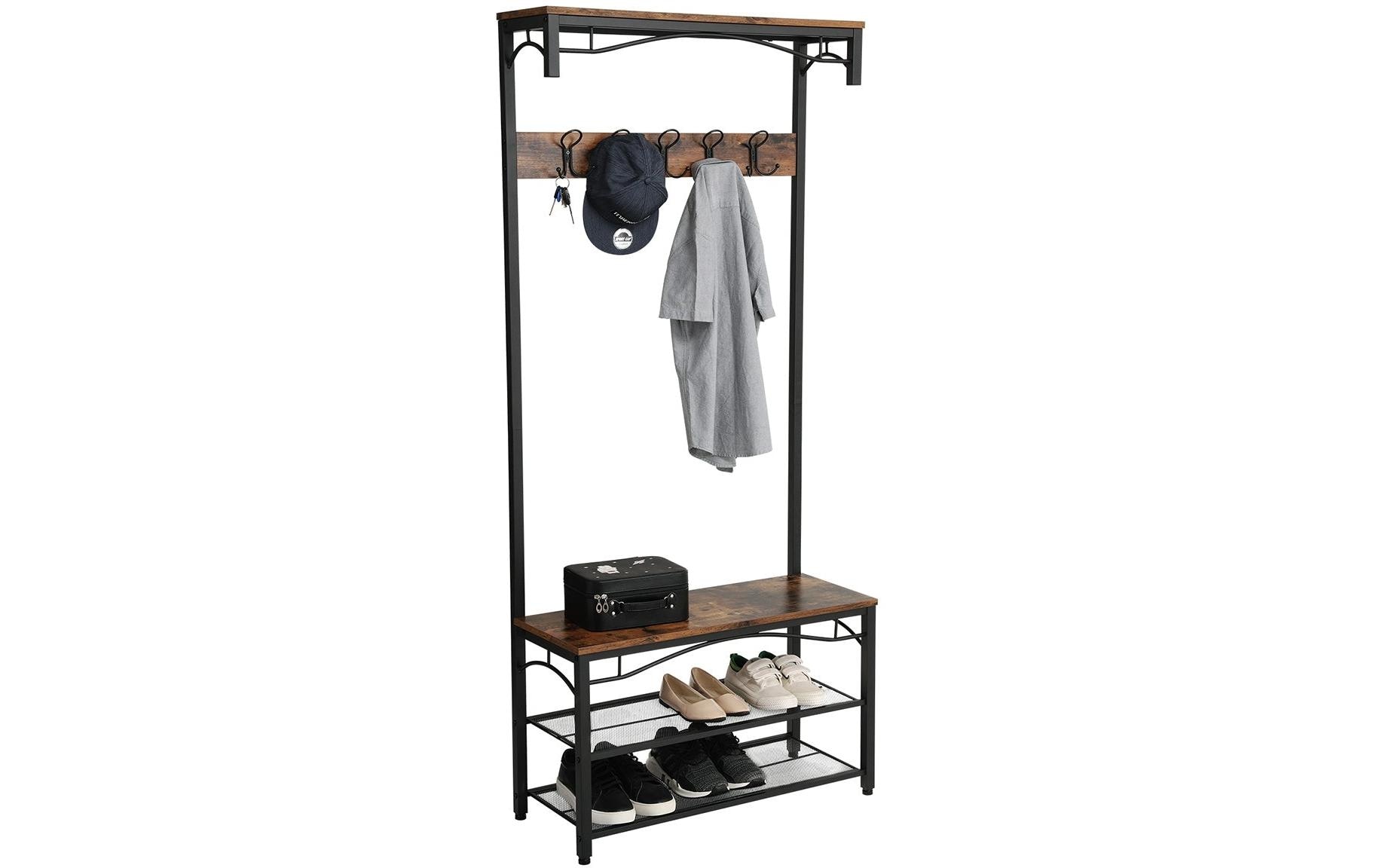 Garderobe mit Schuhregal 178.5 cm, Braun/SchwarzKleiderständer mit Sitzbank
