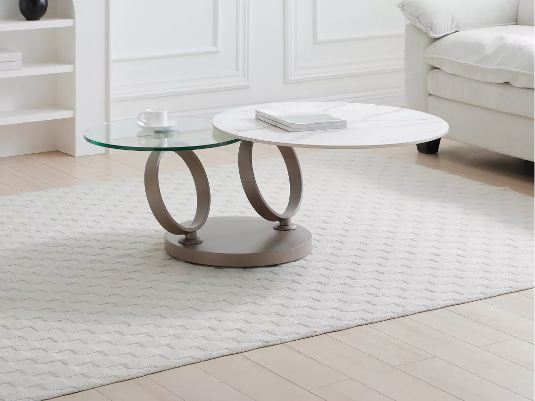 Table basse avec plateaux pivotants en céramique, verre trempé et métal taupe - Effet marbre blanc - JOLINE de Maison Céphy
