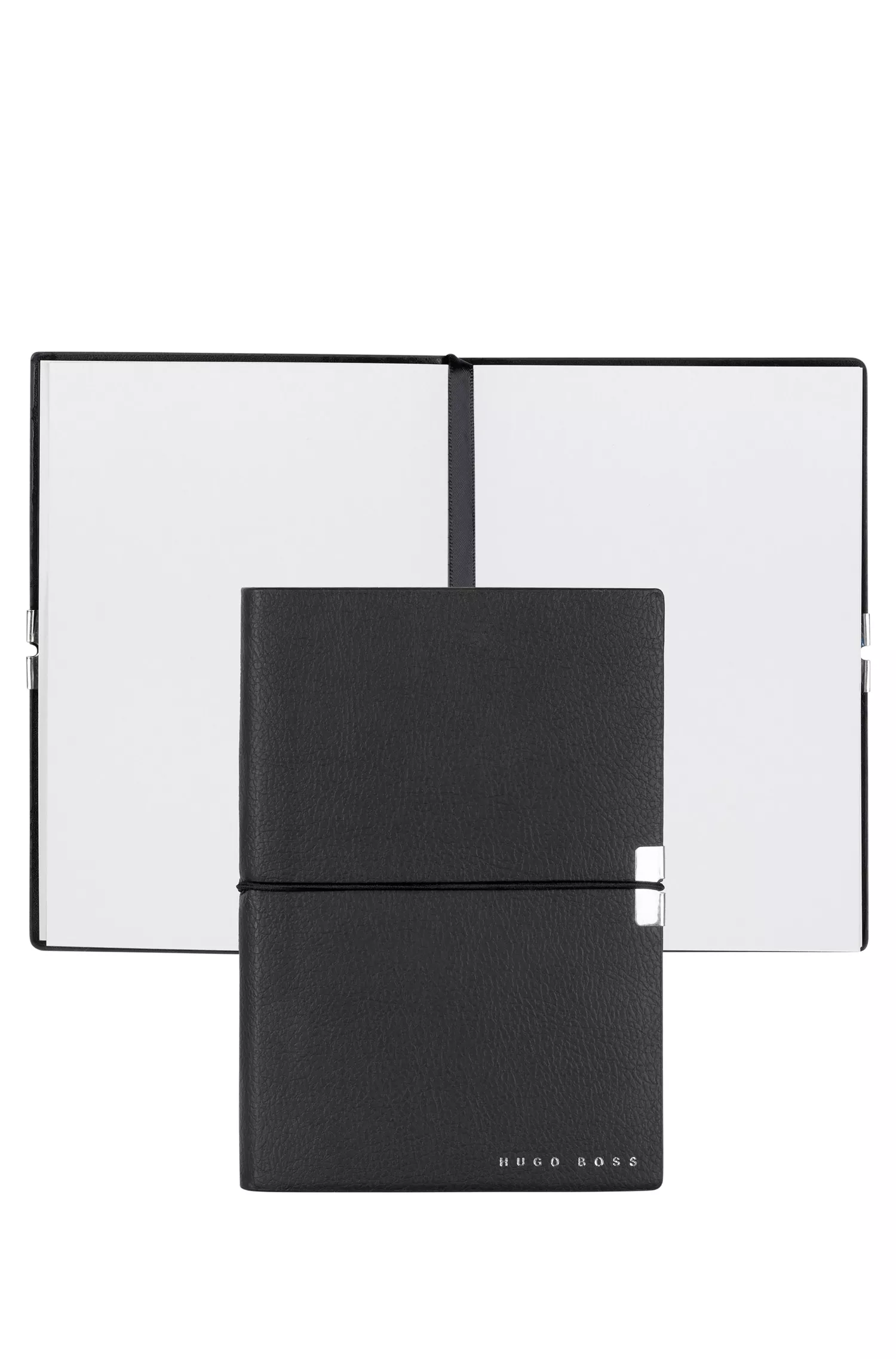 Caderno BOSS Black-A6 em couro sintético preto com elástico.
