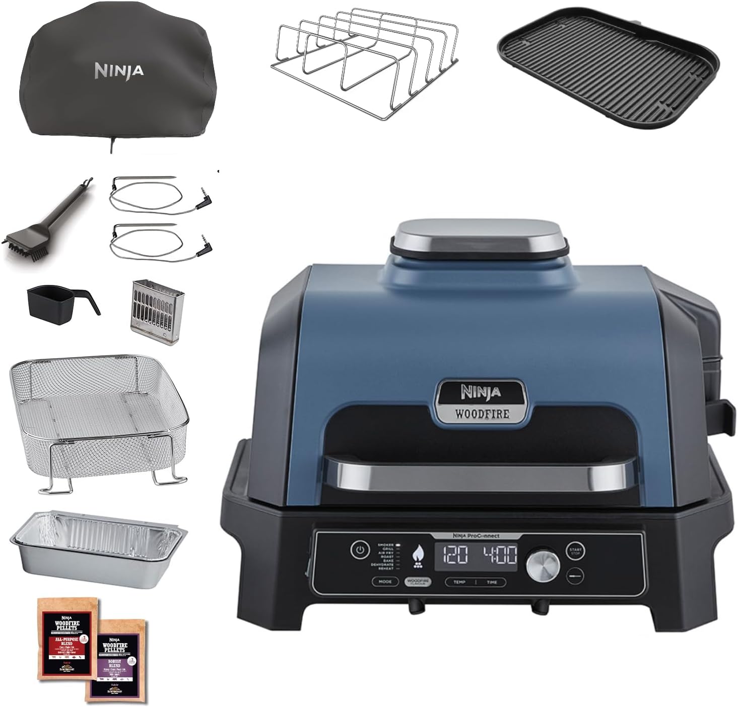 Ninja Woodfire Pro Connect XL Elektrischer BBQ Smoker Grill, App-Steuerung, digitaler Temperaturfühler, Rippenrost, Deckel, großer 7-in-1 Outdoor Grill & Heißluftfritteuse, blau & schwarz OG901EUAMZ