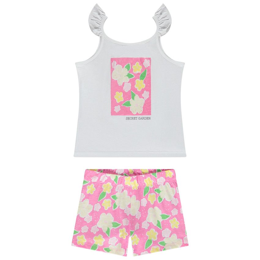 Pyjama 2 pièces en jersey imprimé fleuri pour fille - Blanc