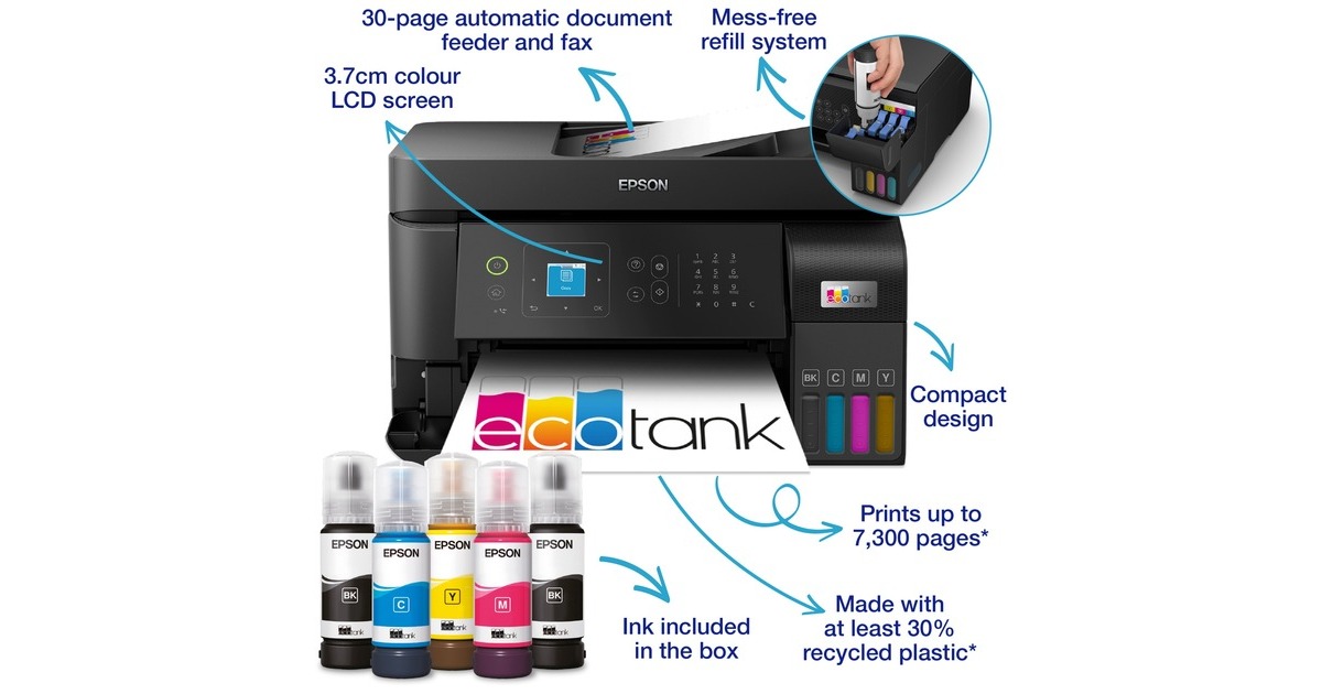 EpsonEcoTank ET-4810 all-in-one inkjetprinter met faxfunctie  (Zwart, USB, LAN, WLAN, scannen, kopiëren, faxen)