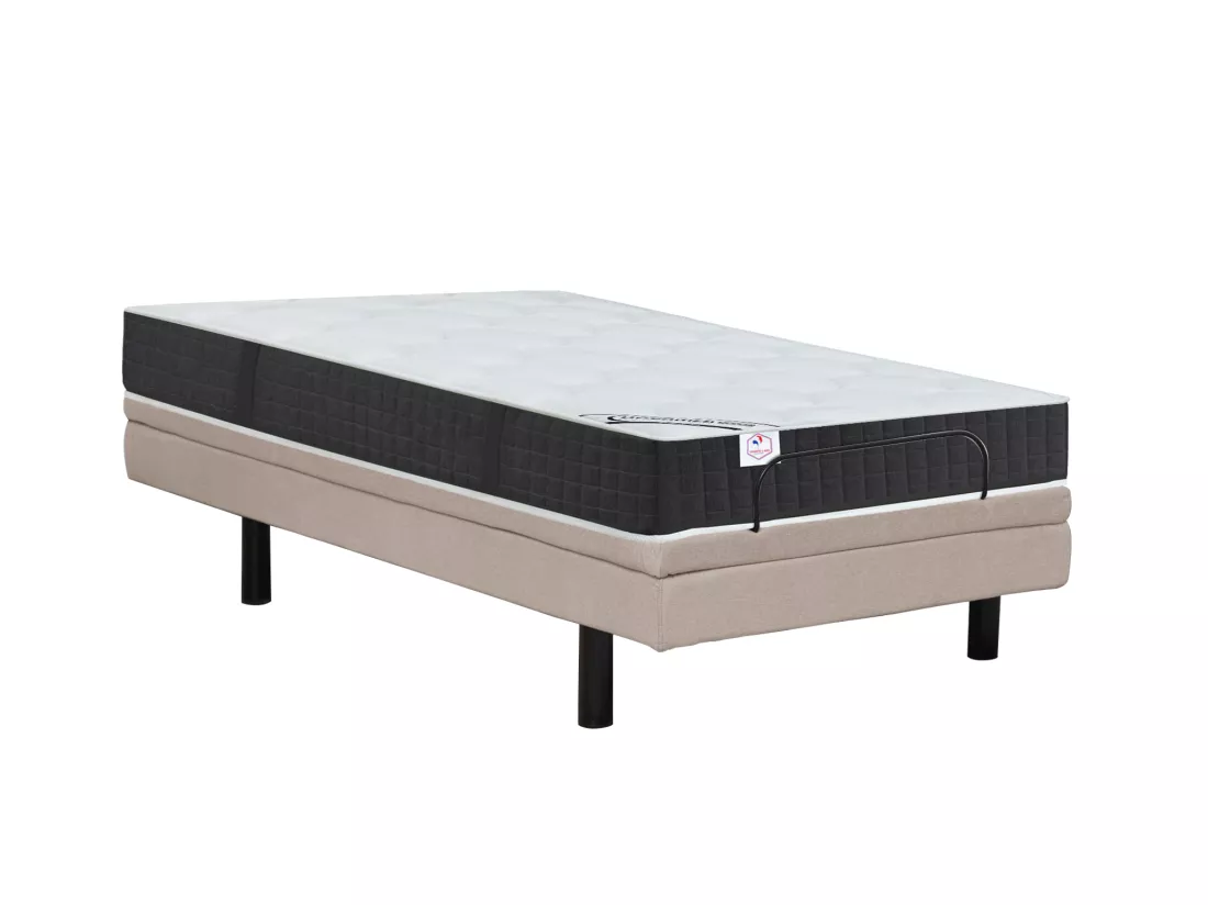 Lit électrique de relaxation déco + matelas ressorts ensachés et mémoire de forme - 80 x 200 cm - Tissu - Beige - RIZALI de YSMÉE