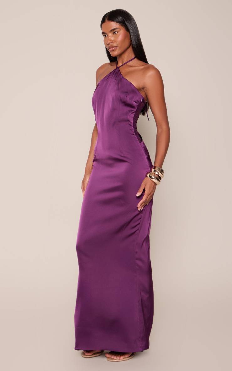 Deep Purple Robe Longue Satinée Dos Nu Drapé Avec Détails En Dentelle