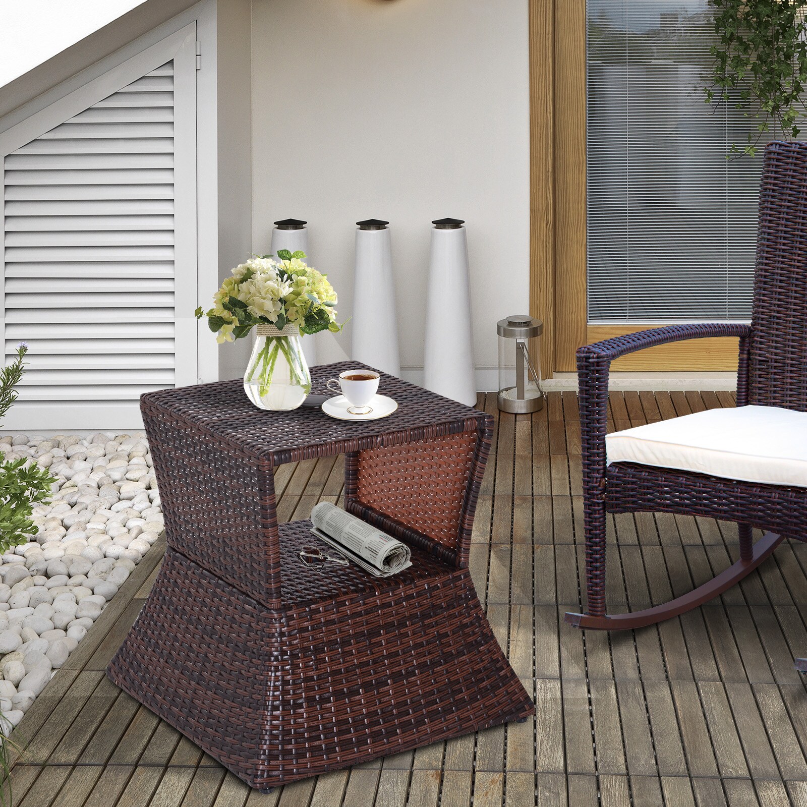 Outsunny Rattan-Gartentisch mit Sonnenschirm-Halterung braun 54 x 54 x 55 cm (LxBxH)