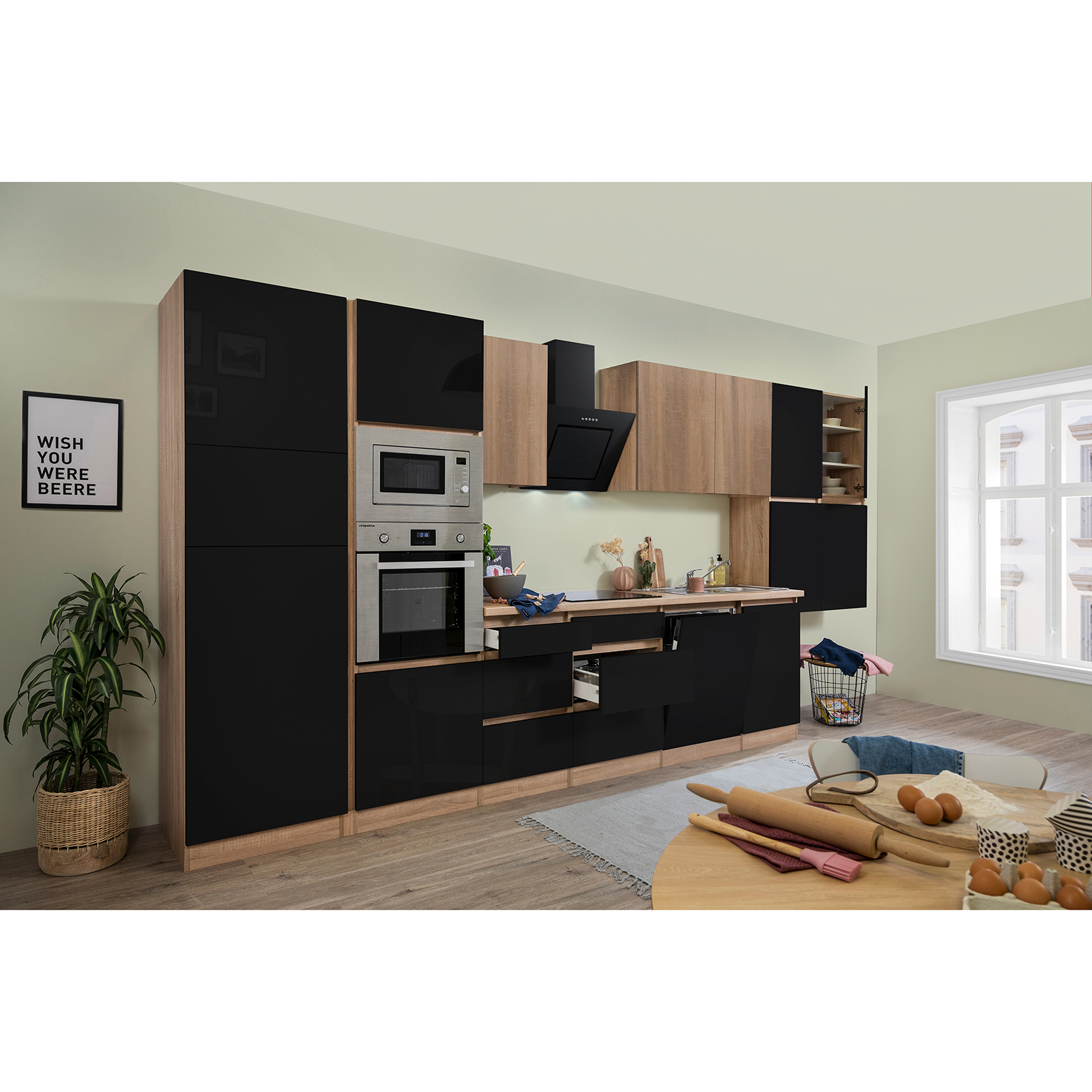 RESPEKTA Küchenblock - schwarz Hochglanz-Eiche Sägerau - mit E-Geräten - 445 cm