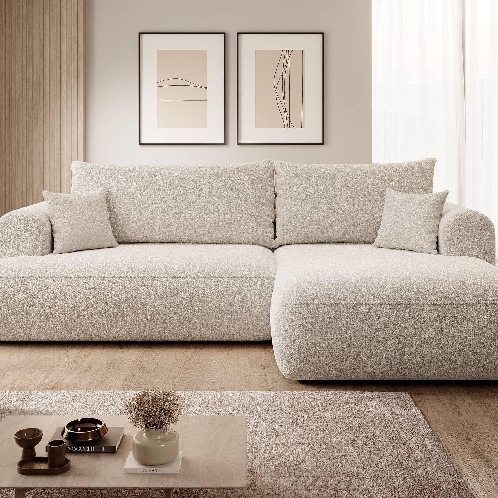 NADUVI Collection Philipa Hoekbank Rechts met Slaapfunctie - Bouclé - Beige