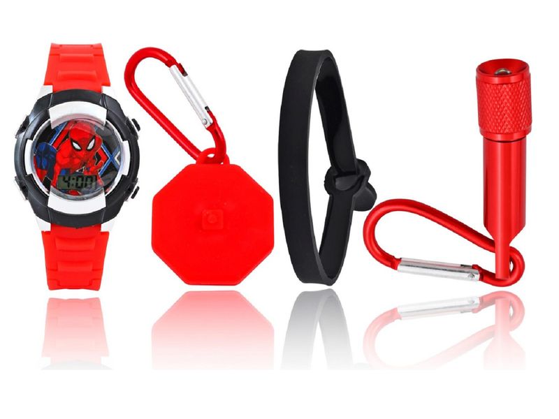 Waldmeier LCD Uhr Geschenkset Spiderman Rot/Schwarz Leuchtende Kinderuhr mit digitaler Anzeige