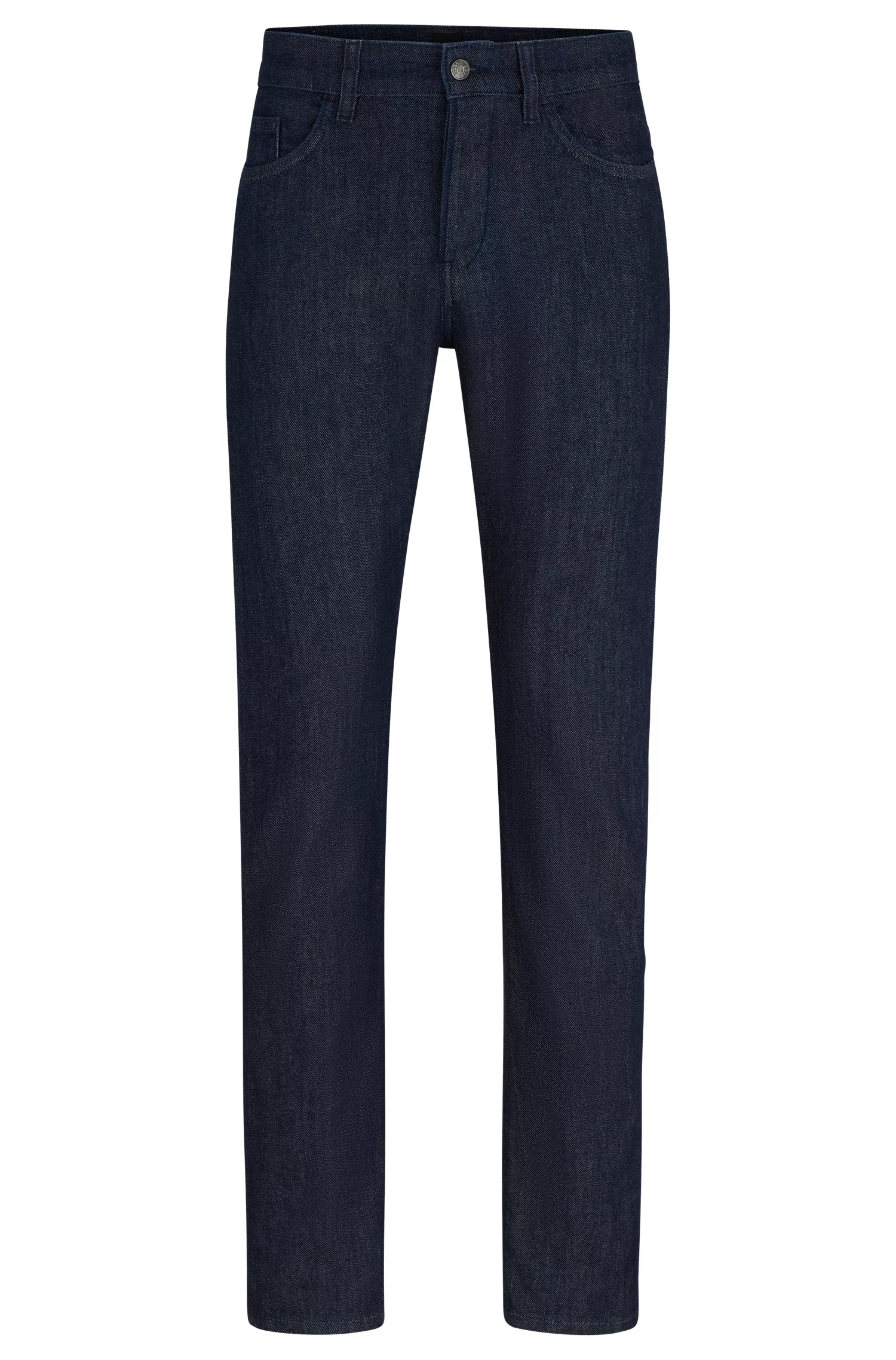 Calça jeans BOSS preta, corte slim, em denim azul com elasticidade mecânica.