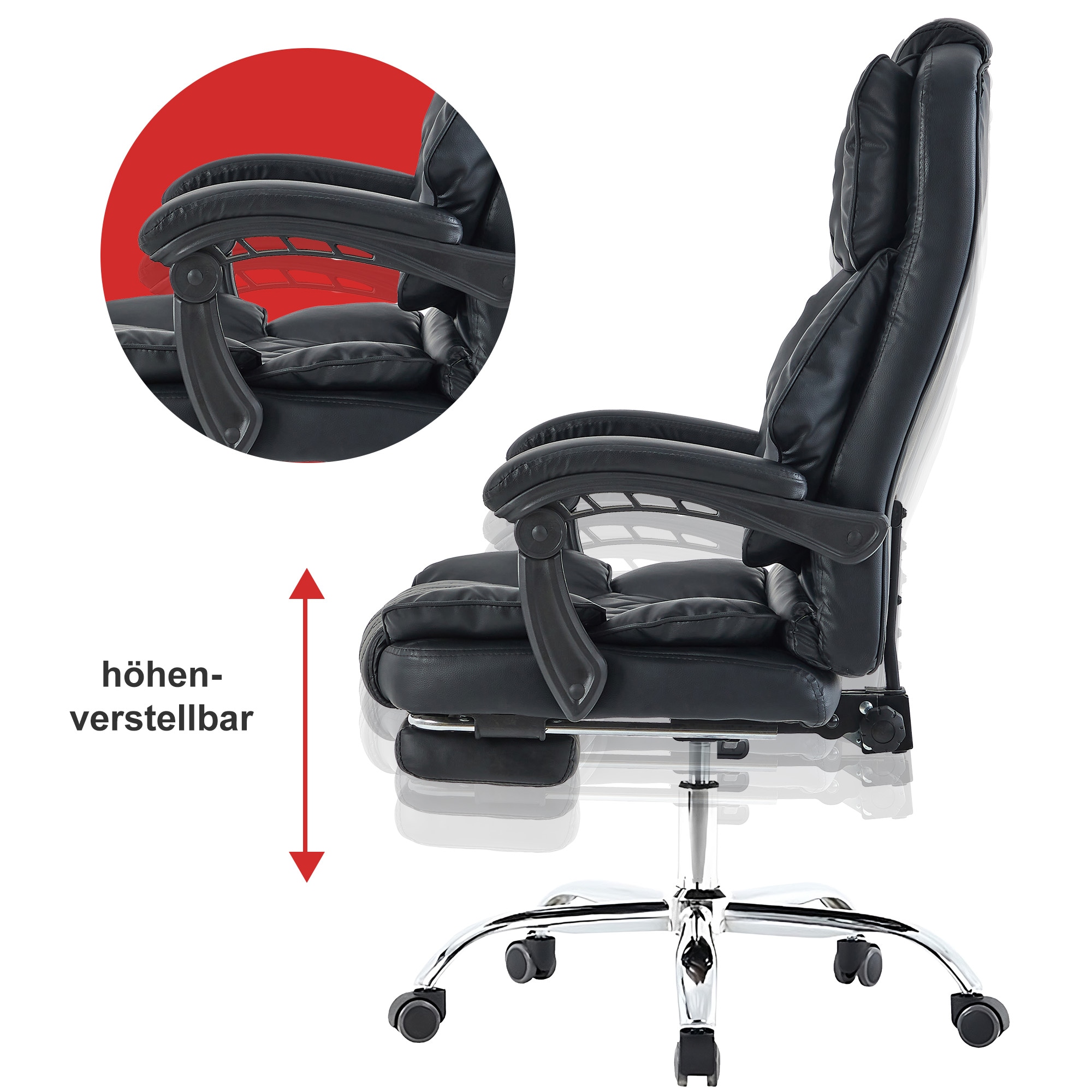 Bürostuhl mit Fußstütze und flexiblen 3-Punkt-Armlehnen - Schreibtischstuhl in Lederoptik mit Chrom-Base - ergonomischer Bürostuhl mit verstellbarer Rückenlehne