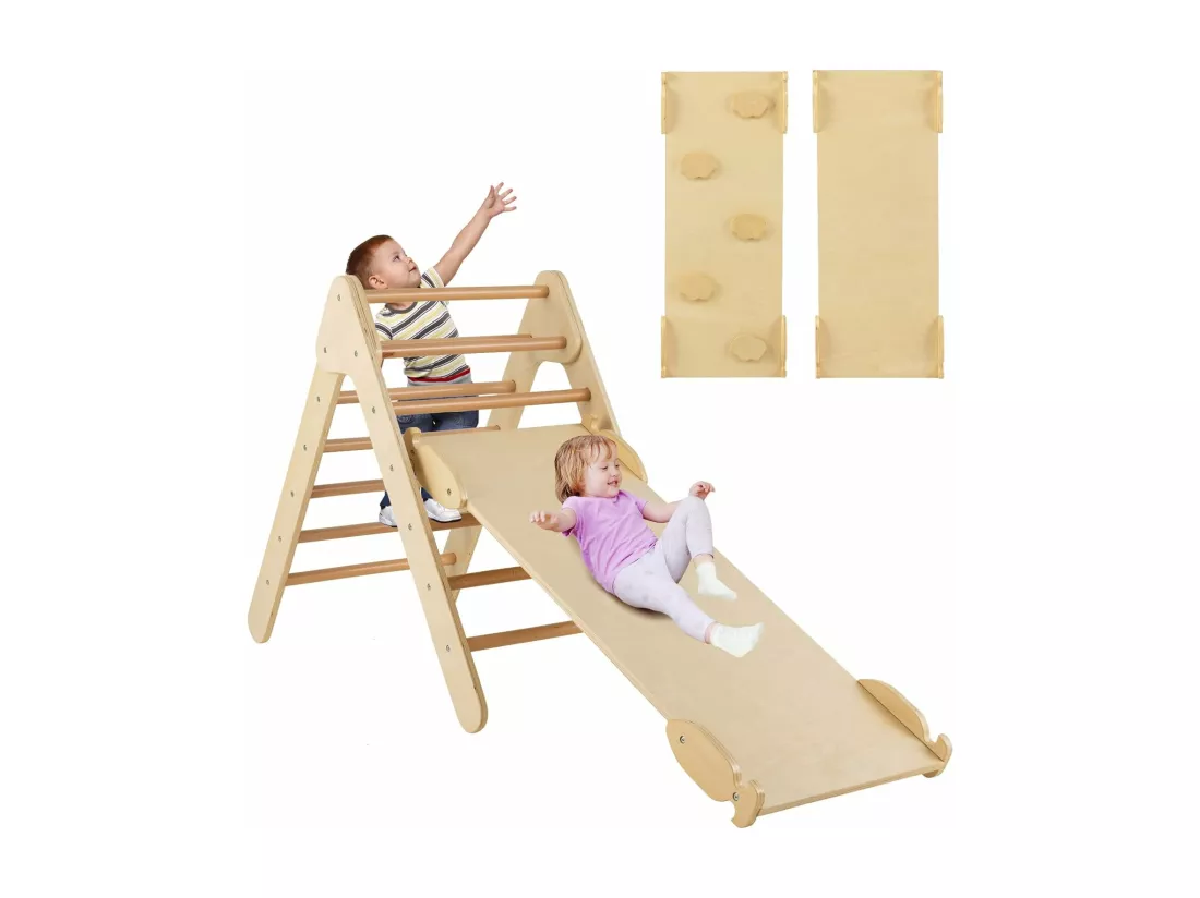 3 en 1 Triangle d'escalade Enfant avec Rampe Double Face, Echelle d'escalade en Bois Moderne avec Inclinaison Réglable, Structure de Jeu pour Maison Garderie pour Tout-Petits de 1 an+