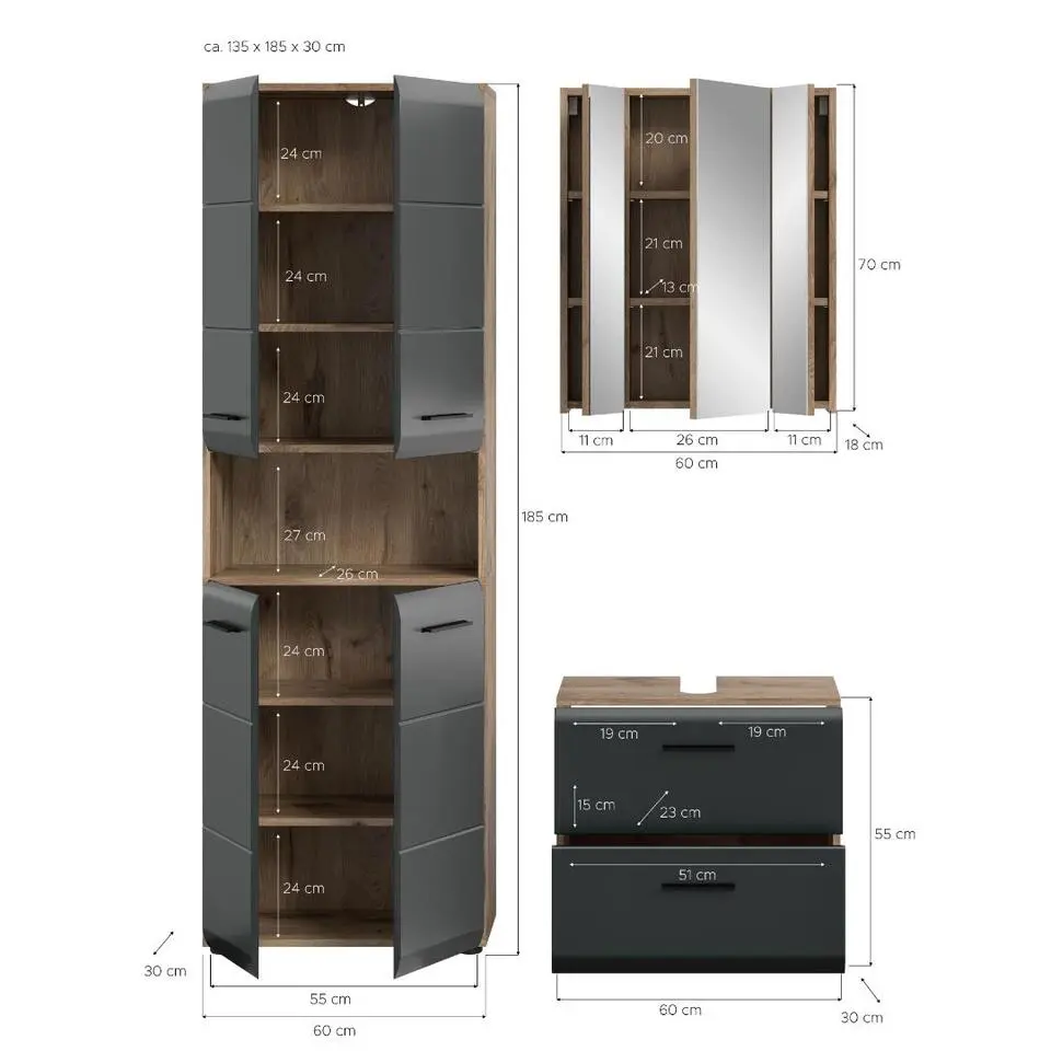 Hioshop Ice badkamer I19 zwart mat- eiken decor