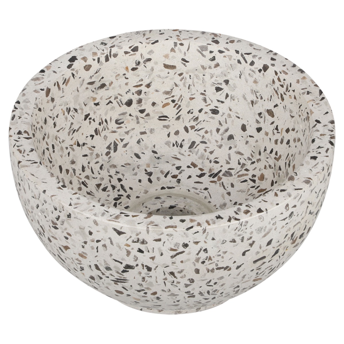 Saniclear Seba fonteinset met eiken plank, zwart-witte terrazzo waskom en kraan in verouderd messing voor in het toilet
