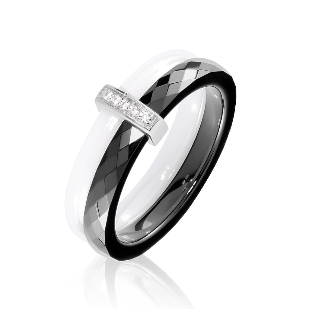 Bague Barette Bicolore Ceramique Argent Blanc Oxyde De Zirconium