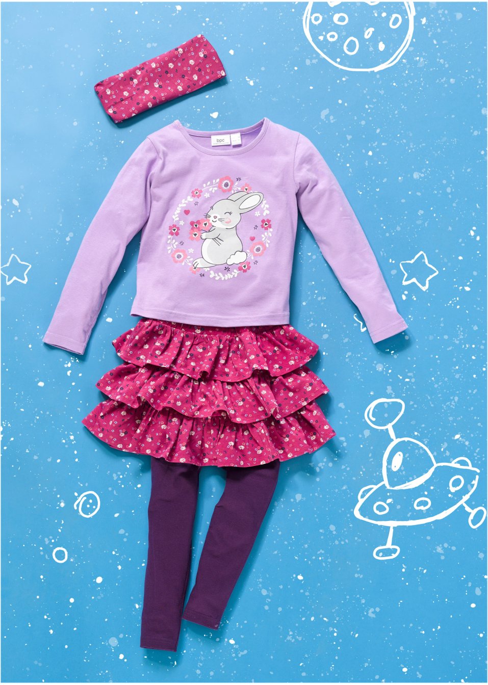 T-shirt, jupe, legging, bandeau de cheveux (Ens. 4 pces.) fille