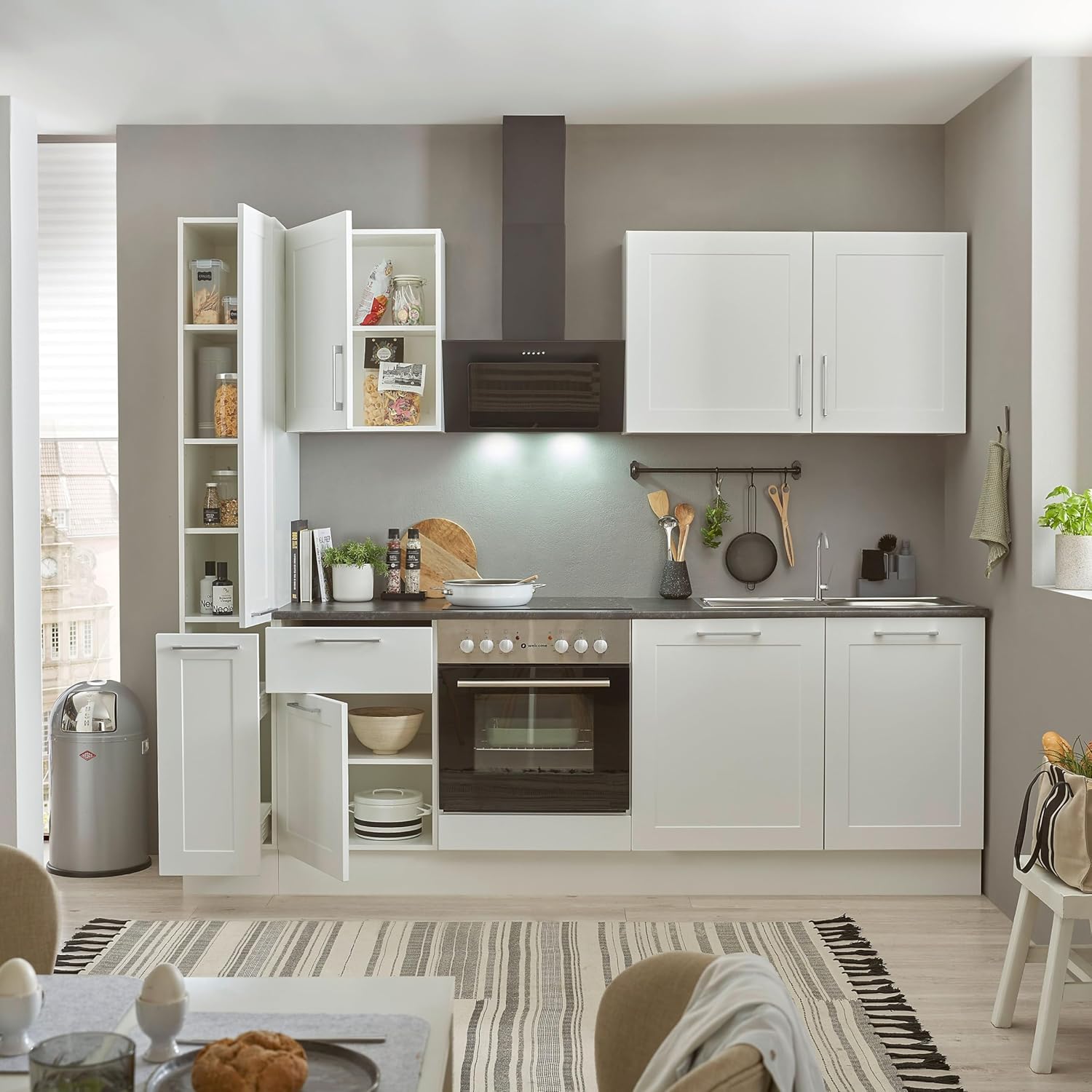 Marseille Moderne Küchenzeile ohne Elektrogeräte in Weiß, Metallic Braun - Geräumige Einbauküche mit viel Stauraum - 250 x 211 x 60 cm (B/H/T)