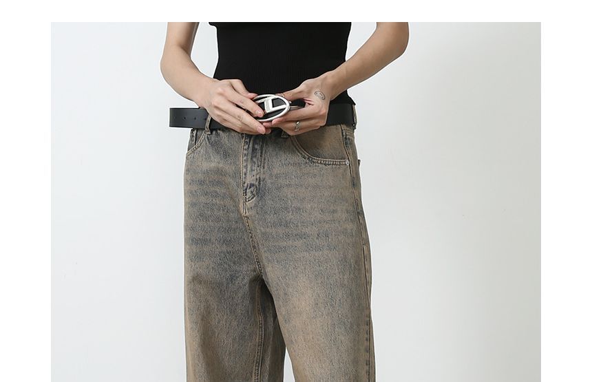pinkdropper - Mid Rise Washed Wide Leg Jeans