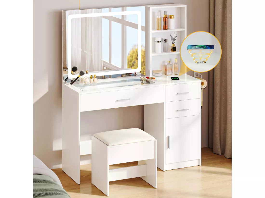YITAHOME Coiffeuse avec Miroir LED à Luminosité Réglable - Table de Maquillage avec 3 Tiroirs et 2 Étagères de Rangement - Blanche