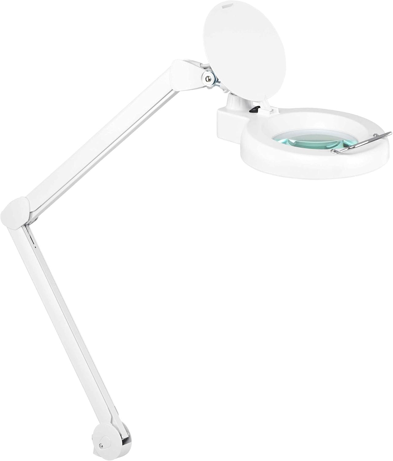 Showlite LL-6085D LED Lupenleuchte 8W 5 Dioptrien Set inkl. Rollenstativ (Lupenlampe, 12,5 cm Linse, 60 SMD LEDs, 2,25-fache Vergrößerung, Rollenstativ, Tischklemme) weiß