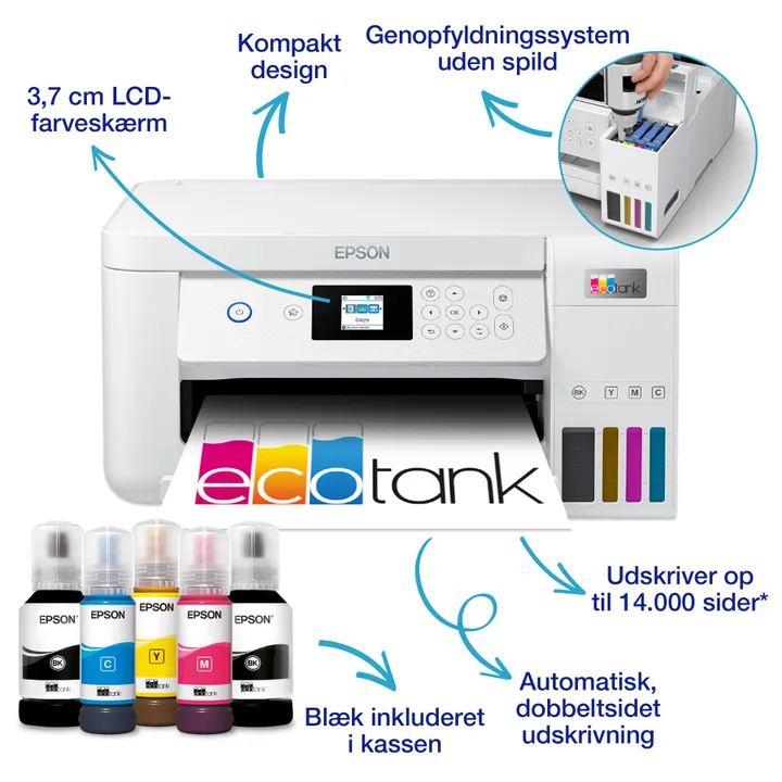 Epson EcoTank ET-2856 - Multifunktionsprinter - farve - blækprinter - kan genopfyldes - A4 (medie) - op til 10.5 spm (udskriver) - 100 ark - Wi-Fi, USB - hvid
